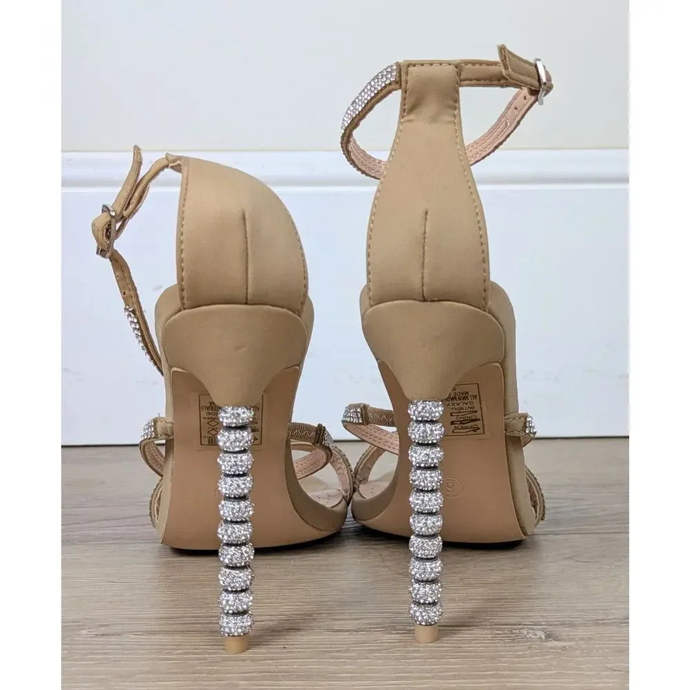 Azalea Wang Galaxy Heels 6 Nude Strappy Rhinestone Wrapped Stiletto Dressy NEW